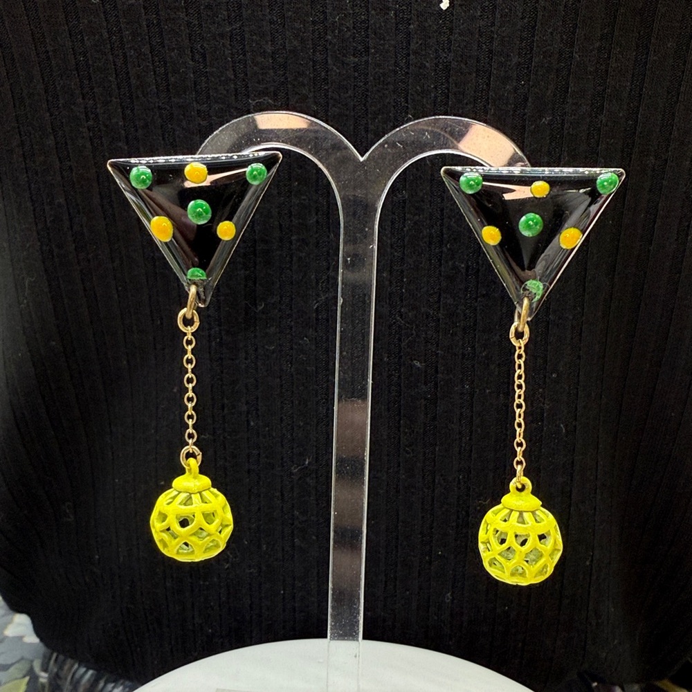 👑Adorned Crown Jewelry assemblage green triangle enamel cage drop post earrings